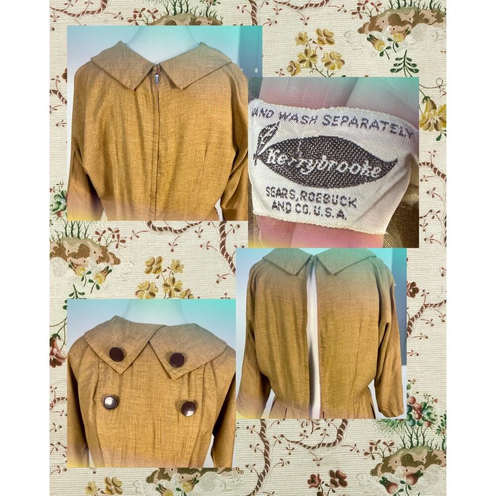 Vintage 50s Kerrybrooke Sears Nutmeg Pointed Collar Pleated Shirtwaist Dress L - Picture 5 of 6